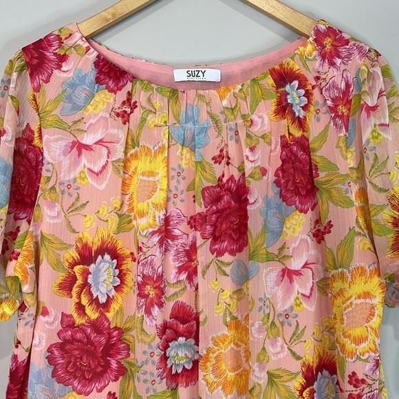 Suzy Shier Plisse Floral Blouse Tied Sleeves Pink Red Yellow Elastic Waistband L - Picture 3 of 12